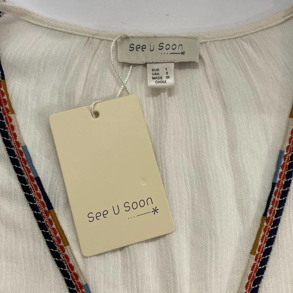 SEE U SOON Boho Style Beige w/Multi Color Cap Ruffled Sleeves & Banded Waistline - Picture 3 of 10